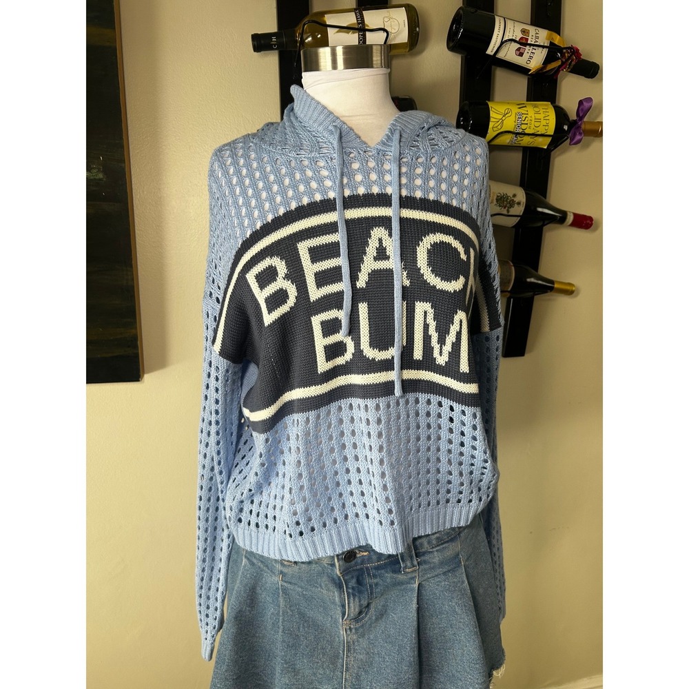 Mia & Tess Beach Bum Hoodie Medium Blue Open Knit Graphic Sweater Summer NWT